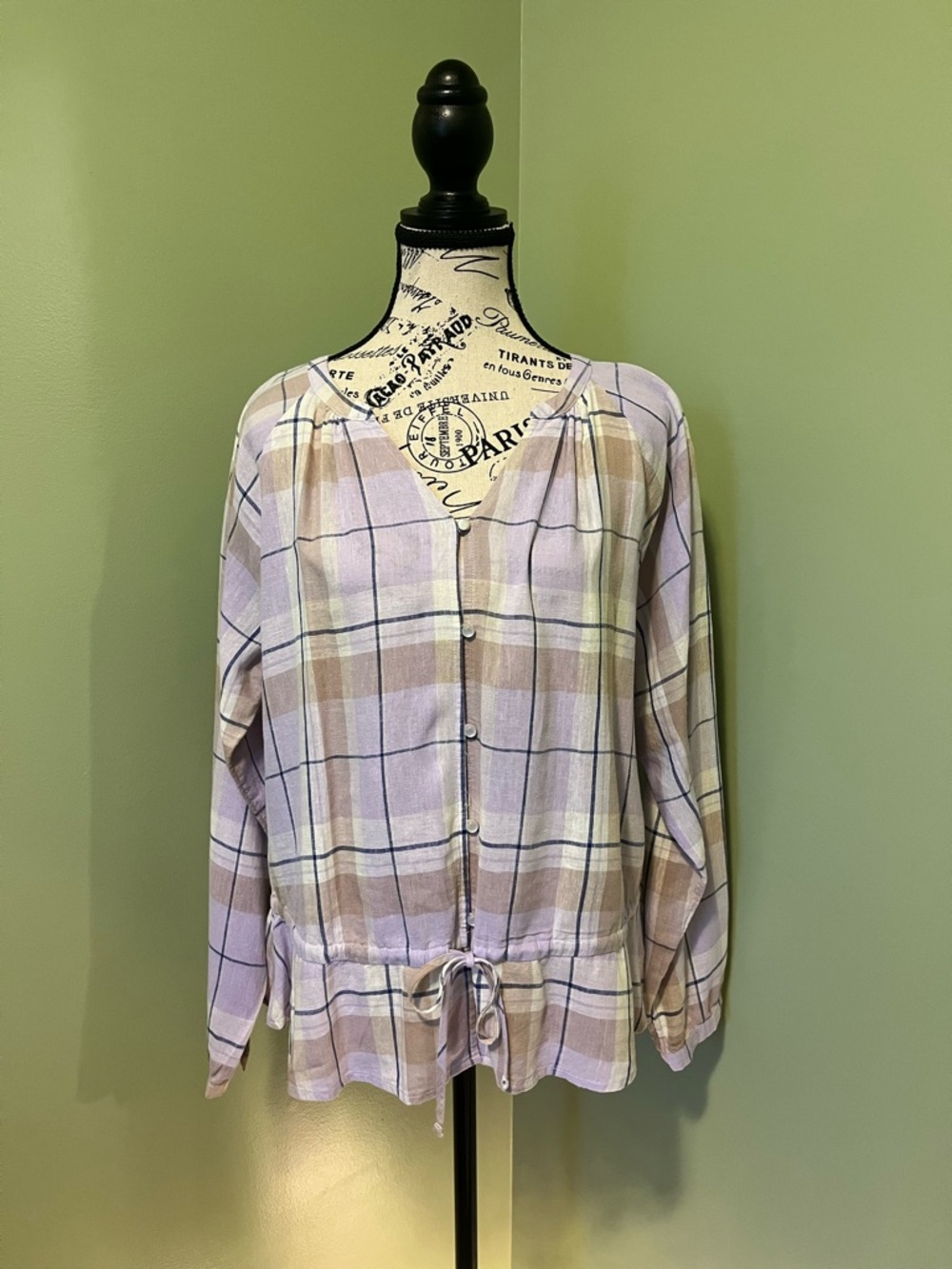 Time and Tru Lavender Plaid Button-Front Drawstring Top